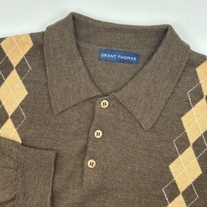 Grant Thomas Men's Lg Brown Argyle Knit Long Sleeve 100% Merino Wool Sweater EUC